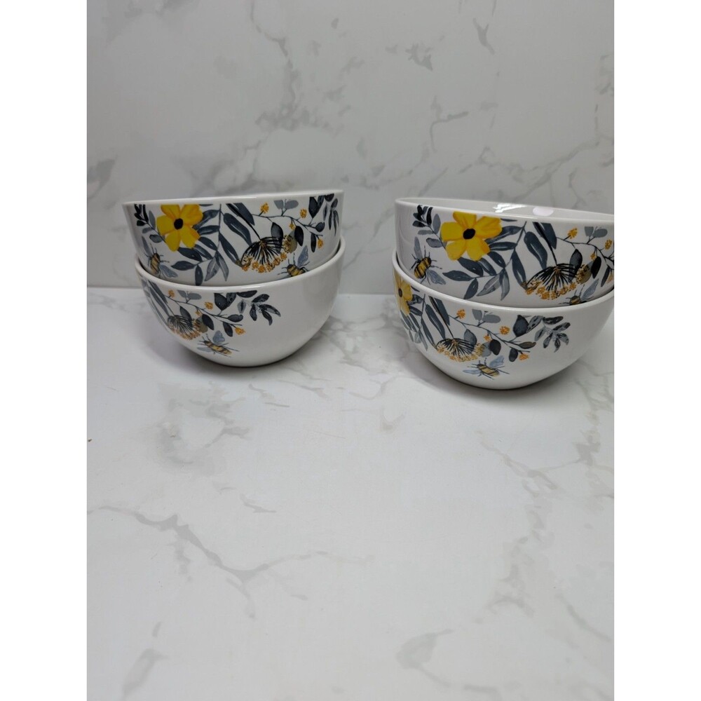 Royal Norfolk Bee Floral Cereal Bowls Set of 4 New Yellow Flowers 5.5"